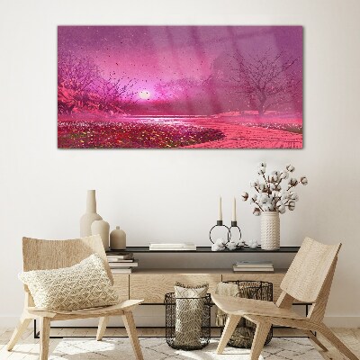 Tableau sur verre Brouillard rose sur le paysage printanier