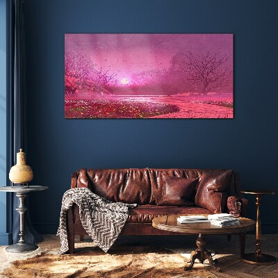Tableau sur verre Brouillard rose sur le paysage printanier
