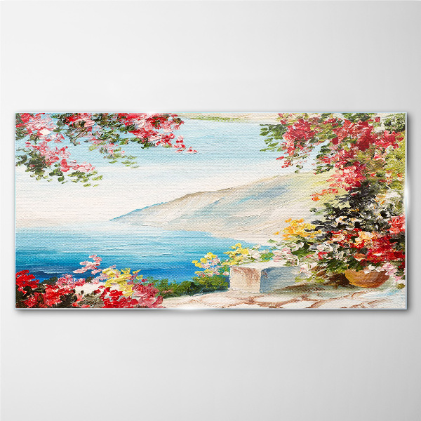 Tableau verre imprimé Paysage de bord de mer d'été avec des fleurs