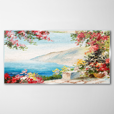 Tableau verre imprimé Paysage de bord de mer d'été avec des fleurs
