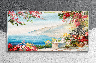 Tableau verre imprimé Paysage de bord de mer d'été avec des fleurs