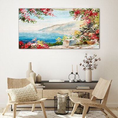 Tableau verre imprimé Paysage de bord de mer d'été avec des fleurs