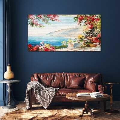 Tableau verre imprimé Paysage de bord de mer d'été avec des fleurs