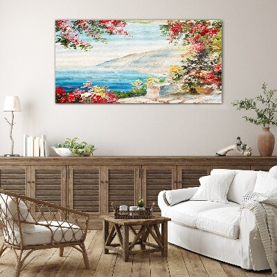 Tableau verre imprimé Paysage de bord de mer d'été avec des fleurs