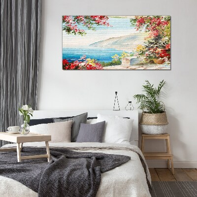 Tableau verre imprimé Paysage de bord de mer d'été avec des fleurs