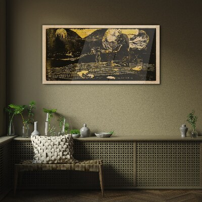 Tableau verre imprimé Paysages dorés et figures mystérieuses