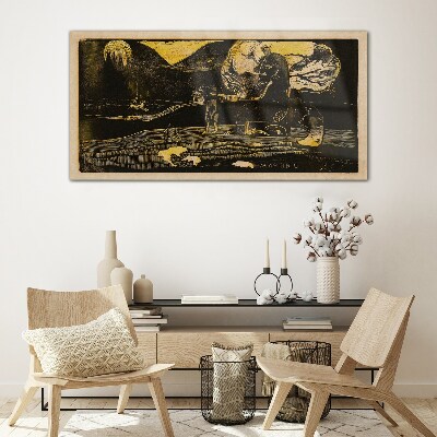 Tableau verre imprimé Paysages dorés et figures mystérieuses