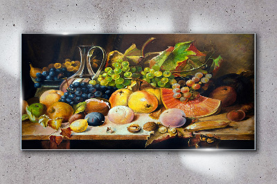 Tableau photo sur verre Nature morte avec des fruits et un récipient