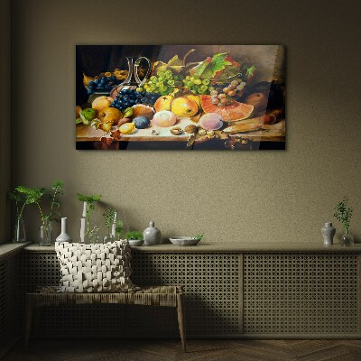 Tableau photo sur verre Nature morte avec des fruits et un récipient