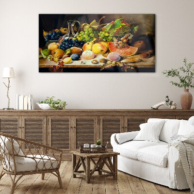 Tableau photo sur verre Nature morte avec des fruits et un récipient