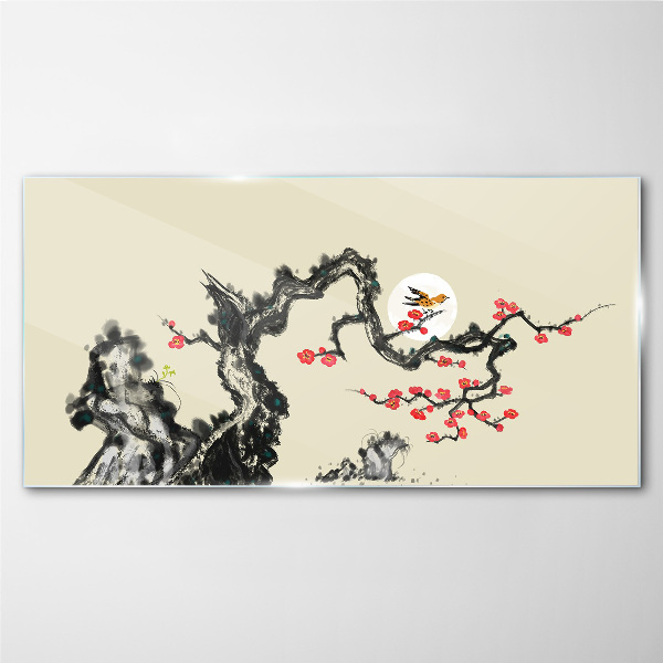 Tableau imprimé sur verre Scène de fleurs avec un oiseau