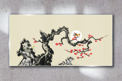 Tableau imprimé sur verre Scène de fleurs avec un oiseau