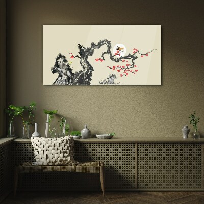 Tableau imprimé sur verre Scène de fleurs avec un oiseau