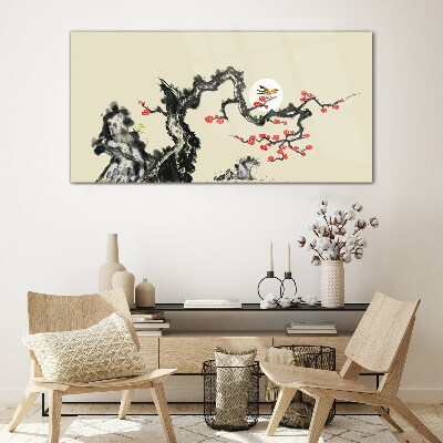 Tableau imprimé sur verre Scène de fleurs avec un oiseau