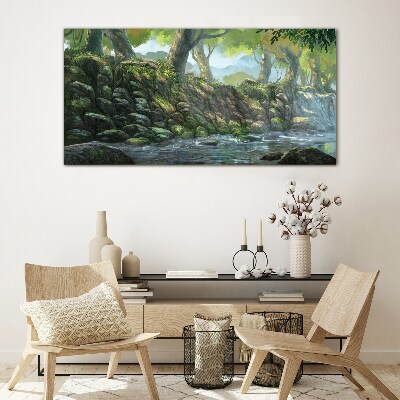 Tableau sur verre Un coin de verdure avec une cascade