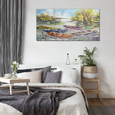 Tableau imprimé sur verre Un port tranquille avec des bateaux colorés