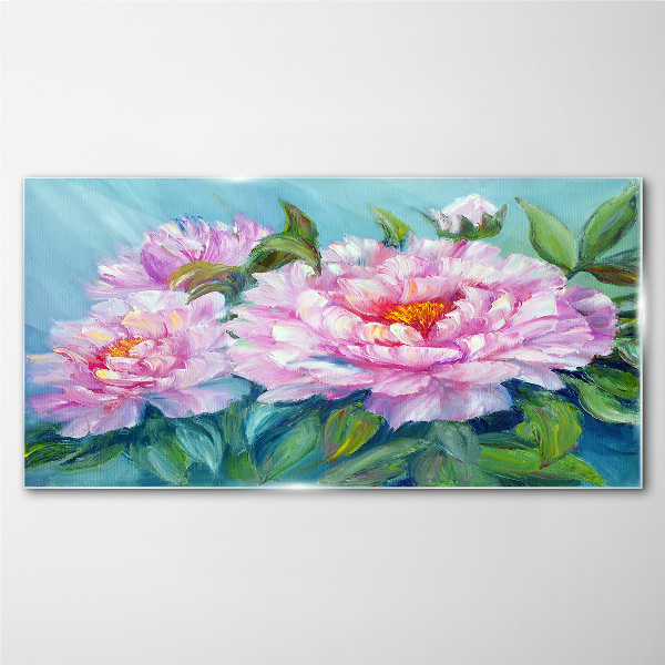 Tableau photo sur verre Pivoines roses sur fond bleu