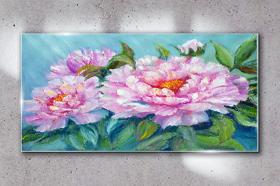 Tableau photo sur verre Pivoines roses sur fond bleu