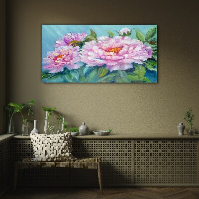 Tableau photo sur verre Pivoines roses sur fond bleu