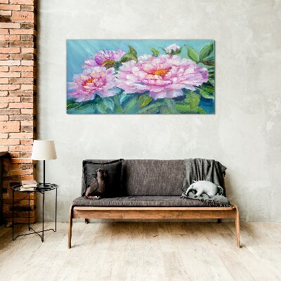 Tableau photo sur verre Pivoines roses sur fond bleu