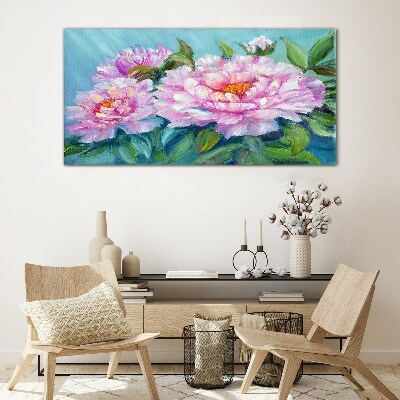 Tableau photo sur verre Pivoines roses sur fond bleu