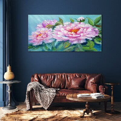 Tableau photo sur verre Pivoines roses sur fond bleu