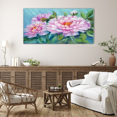 Tableau photo sur verre Pivoines roses sur fond bleu
