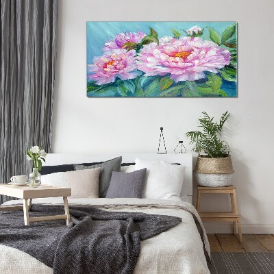 Tableau photo sur verre Pivoines roses sur fond bleu