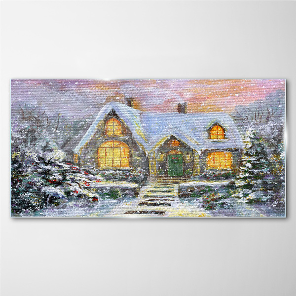 Tableau verre imprimé Paysage d'hiver avec une maison dans la forêt