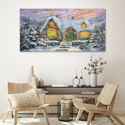 Tableau verre imprimé Paysage d'hiver avec une maison dans la forêt