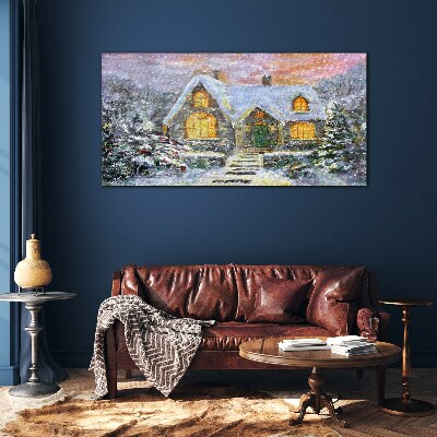 Tableau verre imprimé Paysage d'hiver avec une maison dans la forêt