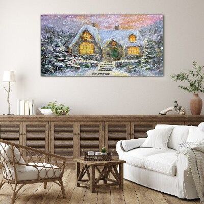 Tableau verre imprimé Paysage d'hiver avec une maison dans la forêt
