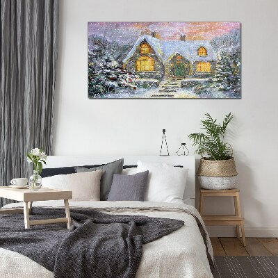 Tableau verre imprimé Paysage d'hiver avec une maison dans la forêt