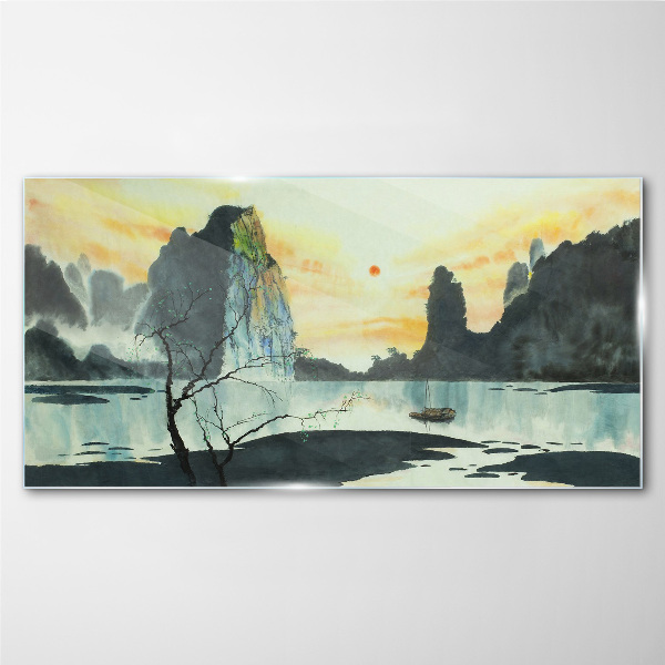 Tableau en verre Un paysage paisible avec une montagne et un bateau
