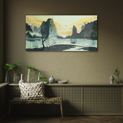 Tableau en verre Un paysage paisible avec une montagne et un bateau