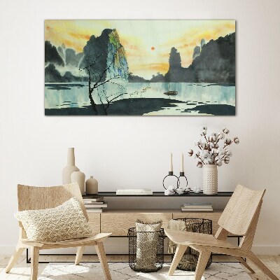 Tableau en verre Un paysage paisible avec une montagne et un bateau