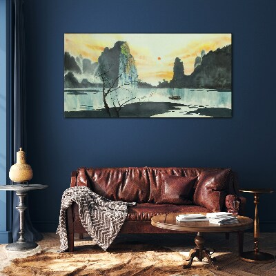 Tableau en verre Un paysage paisible avec une montagne et un bateau