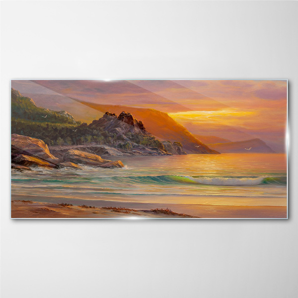 Tableau sur verre Coucher de soleil sur la côte montagneuse