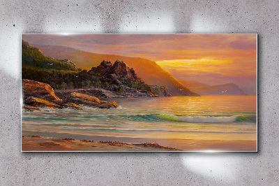 Tableau sur verre Coucher de soleil sur la côte montagneuse