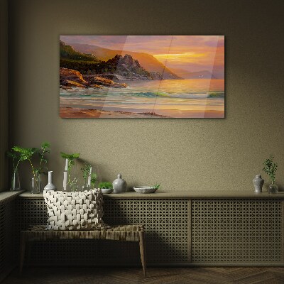 Tableau sur verre Coucher de soleil sur la côte montagneuse
