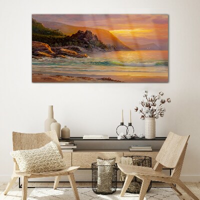Tableau sur verre Coucher de soleil sur la côte montagneuse
