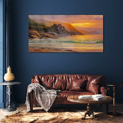 Tableau sur verre Coucher de soleil sur la côte montagneuse