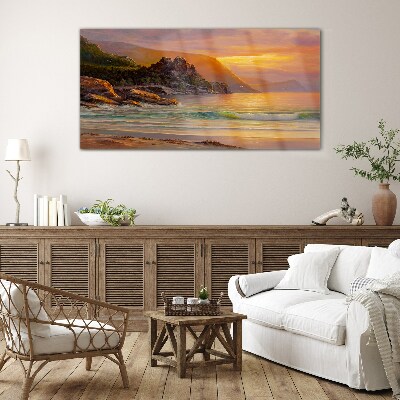 Tableau sur verre Coucher de soleil sur la côte montagneuse