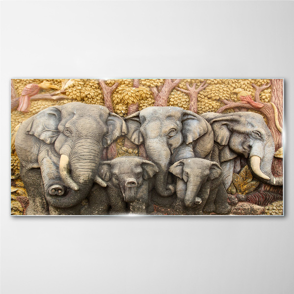 Tableau en verre Une famille d'éléphants dans un paysage forestier