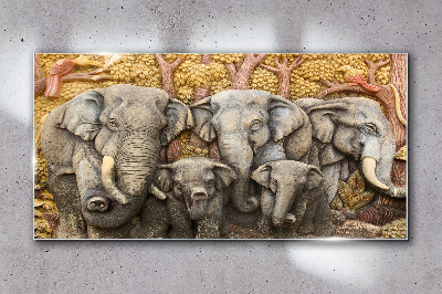 Tableau en verre Une famille d'éléphants dans un paysage forestier