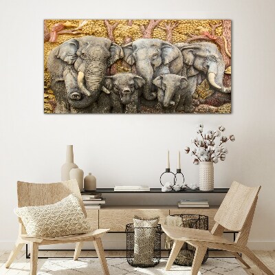 Tableau en verre Une famille d'éléphants dans un paysage forestier