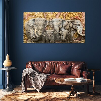 Tableau en verre Une famille d'éléphants dans un paysage forestier