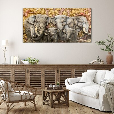 Tableau en verre Une famille d'éléphants dans un paysage forestier