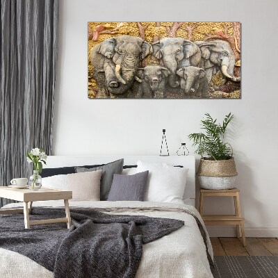 Tableau en verre Une famille d'éléphants dans un paysage forestier