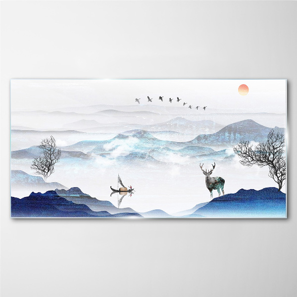 Tableau sur verre Un paysage de montagne paisible avec un cerf